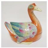 1032	LARGE COLORFUL COVERED DUCK DISH, 14 1/2 IN HIGH X 16 IN LONG