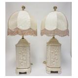1033	PAIR OF ITALIAN PORCELAIN ASIAN STYLE LAMPS, HAVE BROCADE SHADES W/FRINGE, 33 1/2 IN HIGH