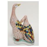1050	COLORFUL ASIAN PORCELAIN GEESE, CHARACTER SIGNED, HAND PAINTED, 9 3/4 IN HIGH