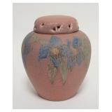 1055	ROOKWOOD/ELIZABETH BARRETT ROSE JAR, PINK W/BLUE FLOWERS & GREEN LEAVES, HAS BOTH LIDS, SHAPE #
