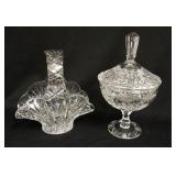 1073	2 LARGE PIECES OF CUT CRYSTAL, BASKET & COVERED COMPOTE, TALLEST IS 13 IN