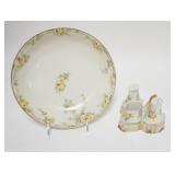 1074	HAND PAINTED CHINA BOWL & CONDIMENT SET, BOWL IS 10 IN