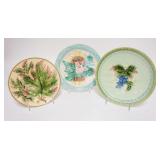 1076	3 MAJOLICA PLATES, ONE IS MARKED GERMANY, LARGEST IS 9 1/8 IN