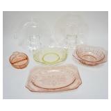 1078	6 PIECE LOT DEPRESSION & ELEGANT ETCHED GLASS, LARGEST IS 13 1/2 IN ACROSS THE HANDLES