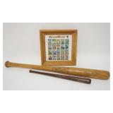 1080	3 PIECE BASEBALL LOT, H&B MICKEY MANTLE BAT, 28 IN, MINI COOPERSTOWN BAT & SHEET OF LEGENDS OF 