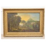 1081	EARLY 19TH OR LATE 18TH CENTURY OIL ON CANVAS,  ROMANTIC LANDSCAPE, HAS STRUCTURE W/COLUMNS, MO