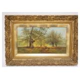 1082	L SMITH OIL ON CANVAS *BURNHAM BEECHES* LANDSCAPE W/PEOPLE, RELINED, SOME LOSSES TO THE FRAME, 
