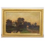 1083	VICTOR BAUFFE OIL ON CANVAS, LANDSCAPE W/A STRUCTURE ON THE LEFT, PEOPLE ON A PATH ON THE RIGHT