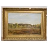 1084	OIL ON BOARD LANSCAPE FARM SCENE W/COWS, STRUCTURE IN THE DISTANCE, UNSIGNED, SOME LOSSED TO FR