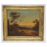 1087	OIL ON CANVAS LANDSCAPE, 1856 W/PEOPLE ON A LAKE SHORE, RELINED, SGINED LOWER RIGHT & DATED 185