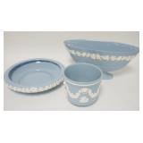 1090	3 PIECE WEDGWOOD EMBOSSED QUEENSWARE, JARDENIERE & 2 CENTERPIECE BOWLS, WIDEST IS 12 5/8 IN