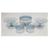 1091	5 PIECES OF WEDGWOOD EMBOSSED QUEENSWARE, 2 TAZZAS, 2 BASKETS & A FOOTED BOWL, 6 1/2 IN TOP DIA