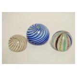 1099	3 INTERNAL SWIRL PAPERWEIGHTS, 2 HAVE LATTICINO CANES, SMALLEST IS SIGNED BUT NOT LEGIBLE, ALL 