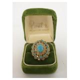 1101	PENETTA ORNATE RING IN ORIGINAL VELVET BOX, TURQUOISE & CLEAR STONES