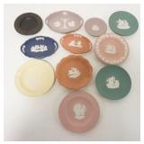 1117	11 PIECE WEDGWOOD JASPERWARE IN UNUSUAL COLORS, LAVENDER OVAL TRAY IS 5 IN