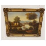 1127	OIL ON CANVAS LANDSCAPE SAILBOATS ON A LAKE, FISHERMAN ON THE SHORE, MAN W/WALKING STICK IN THE