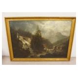 1130	LARGE OIL ON CANVAS MOUNTAIN LANDSCAPE W/WATERFALL, MEN WORKING LOWER RIGHT CORNER, SIGNED LOWE