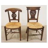 1133	2 SIMILAR CARVED ANTIQUE RUSH SEAT CHAIRS, ONE NEEDS A PIECE REATTACHED AT THE TOP, BOTH HAVE F