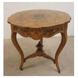 1136	INLAID SCALLOPED TOP TABLE, ONE FOOT REPAIRED, SOME SPOTS OF VENEER LOSS, LEGS & STRETCHER ARE 