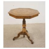 1153	OCTAGONAL INLAID PEDESTAL TABLE, HAS SOME FINISH WEAR ON THE TOP, 25 3/4 IN TOP X 29 IN HIGH