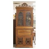 1168	VICTORIAN SECRETARY W/FRETWORK CARVING, HAS PATTERNED VENEER ON THE DESK FRONT, 99 1/2 IN HIGH 