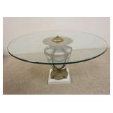 1189	SOLID MARBLE & BRONZE GLASS TOP COFFEE TABLE, URN FORM BASE, GLASS TOP IS BEVELED, 36 IN DIAMET