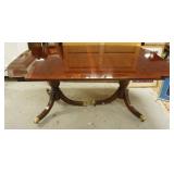 1190	BANDED MAHOGANY DOUBLE PEDESTAL DINING TABLE, HAS BRASS FEET, CARVED LEGS & ROUNDED CORNERS, HA