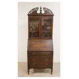 1192	KAY FURNITURE CO MAHOGANY SLANT FRONT SCRETARY W/BOOKCASE TOP, CARVED PEDIMENT W/TURNED FINIAL,