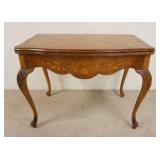 1195	INLAID CARVED FLIP TOP TABLE, HAS FINISH WEAR ON THE TOP, 37 1/2 IN X 20 3/4 IN CLOSED X 30 IN 