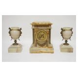1200	3 PIECE BRONZE MOUNTED VICTORIAN CLOCK & URNS MANTLE SET, URNS HAVE WINGED GRIFFINS, ONE HAS A 