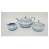 1204	WEDGWOOD EMBOSSED QUEENSWARE 3 PIECE TEASET, POST IS 5 1/2 IN HIGH