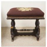 1205	VICTORIAN ORGAN STOOL, HAS CARVED BASE W/BEEHIVE TURNINGS, 2 ROSETTES MISSING & 2 FEET CHIPPED,