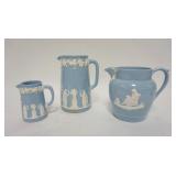1207	3 PIECE WEDGWOOD EMBOSSED QUEENSWARE 2 PITCHERS & CREAMER, TALLEST IS 6 1/8 IN