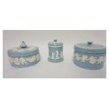 1208	3 WEDGWOOD EMBOSSED QUEENSWARE ROUND BOXES, LARGE 3 ARE 5 IN DIAMETER