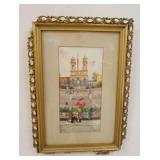 1212	SIGNED WATERCOLOR OF MEN IN RED ROBES ON A STAIRCASE, PIERCED GOLD FRAME HAS DAMAGE, 12 3/4 IN 