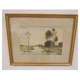 1215	W VAN BECK WATERCOLOR, LANDSCAPE W/MAN IN A BOAT, WINDMILL IN THE DISTANCE, 17 3/4 IN X 14 1/4 