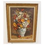 1218	OIL PAINTING ON CANVAS FLORAL STILL LIFE, SIGNED JEAN, 25 IN X 33 IN INCLDUING FRAME
