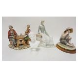 1221	LOT OF 4 PORCELAIN FIGURES, SPANISH SEATED WOMAN W/WOODEN BASE, 11 IN HIGH TOTAL, COUPLE AT TAB