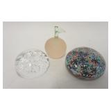1222	3 PIECE LOT W/PAPERWEIGHTS, 4 IN MILLIFORE, FROSTED PINK APPLE, CRYSTAL SNOWFLAKE