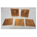 1231	5 SMALL COPPER WALL PLAQUES, HAVE RELIEF FIGURES, 5 1/4 IN SQUARE