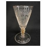 1232	FINE CUT & ENGRAVED GOBLET W/LATTICINO STEM, HAS ENGRAVING OF A LADY & CHERUB W/ELABORATE BORDE