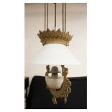 1234	VICTORIAN HANGING LAMP W/WHITE SHADE, APPROXIMATELY 35 IN HIGH