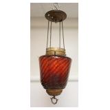 1235	CRANBERRY SWIRL HANGING HALL LAMP, HAS ORIGINAL KEROSENE INSERT W/CHIMNEY, APPROXIMATELY 22 IN 