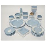 1239	18 PIECE MISC WEDGWOOD EMBOSSED QUEENSWARE, 7 ASHTRAYS, EGG CUP, LIGHTER, 3 SALT DIPS, SALT SHA
