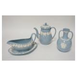 1241	4 PIECE WEDGWOOD EMBOSSED QUEENSWARE, 7 1/4 IN TEAPOT, 2 HANDLED VASE, GRAVY BOAT & UNDERPLATE