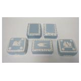 1243	5 WEDGWOOD EMBOSSED QUEENSWARE BOXES, 4-5 1/2 IN, ONE HAS FISH DECORATION