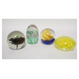 1256	4 INTERNALLY DECORATED PAPERWEIGHTS, TALLEST IS 4 IN & HAS A MURANO, ITALY LABEL, ONE W/YELLOW 
