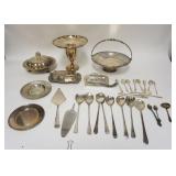 1266	SILVERPLATE LOT INCLUDING VASE W/FLOWER ARRANGER TOP, BASKET, FLATWARE, COVERED SERVING DISH, E