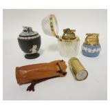 1269	3 LIGHTERS & MINI PEPPER MILL, BLACK WEDGWOOD LIGHTER HAS BEEN REPAIRED AT THE BASE