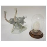 1276	LOT LLADRO OSTRICHES & CARVED EGG SHELL UNDER GLASS DOME, LLADRO IS REPAIRED, EGG SHELL HAS DAM